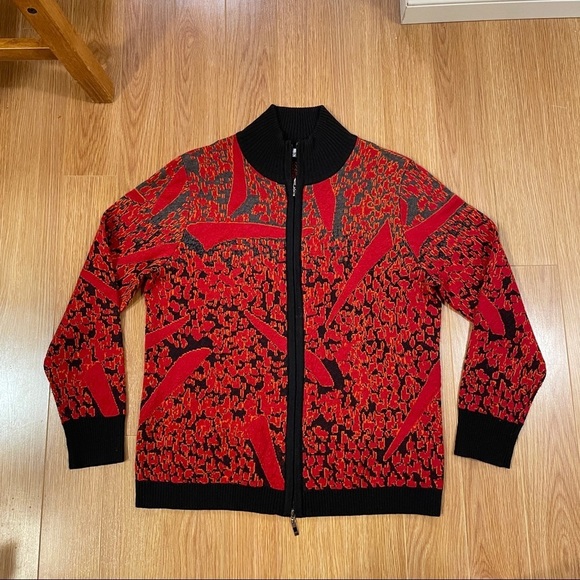 Vintage Red Black Wool Bomber Sweater Jacket Made in Italy - M - Picture 3 of 12